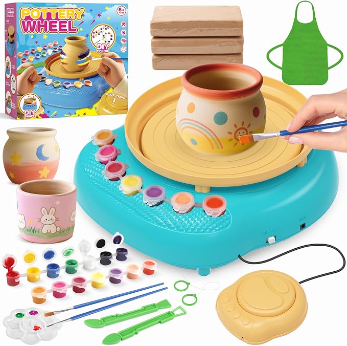 Pottery Wheel for Kids with Complete Clay Kit,Beginner Pottery Painting Set with Air Dry Clay,12 Paints,Sculpting Tools,Apron and Guide,Arts and Crafts Christmas Birthday Gift for Girls Boys Ages 6-12
