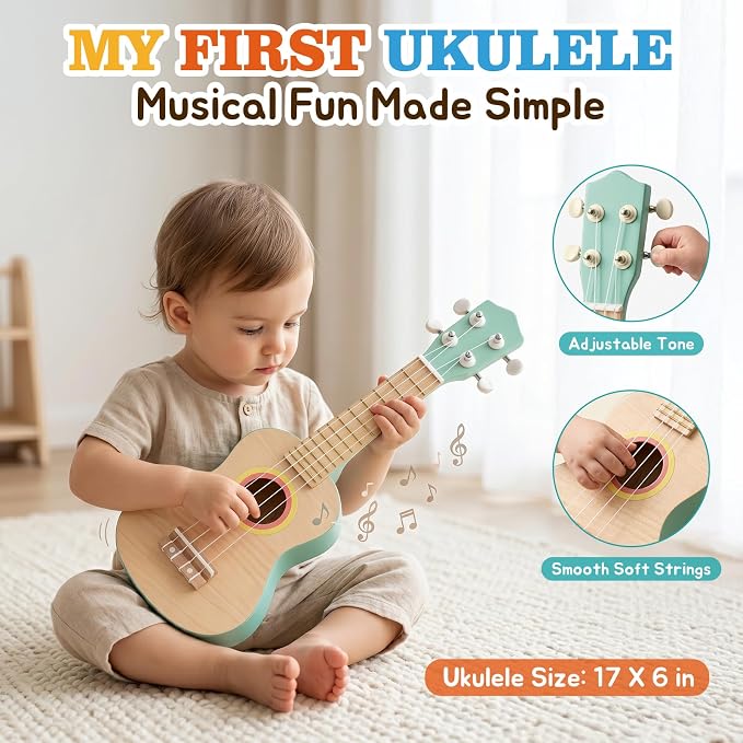 Kids Guitar Set for Toddlers 1-3, 8 in 1 Wooden Montessori Musical Instruments Set with Ukulele, Tambourine, Maracas, Flute, Educational Music Toys, Preschool Learning Toy Gift for Boys Girls