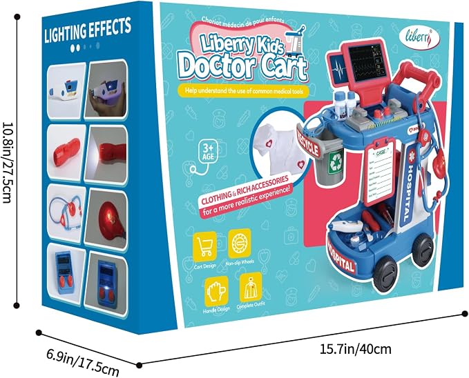 Liberry Doctor Kit for Toddlers Ages 3 4 5, Pretend Kids Doctor Playset with Cart, Costume and Stethoscope, Role Play Medical Toys Birthday Gift for Girls Boys (Blue)