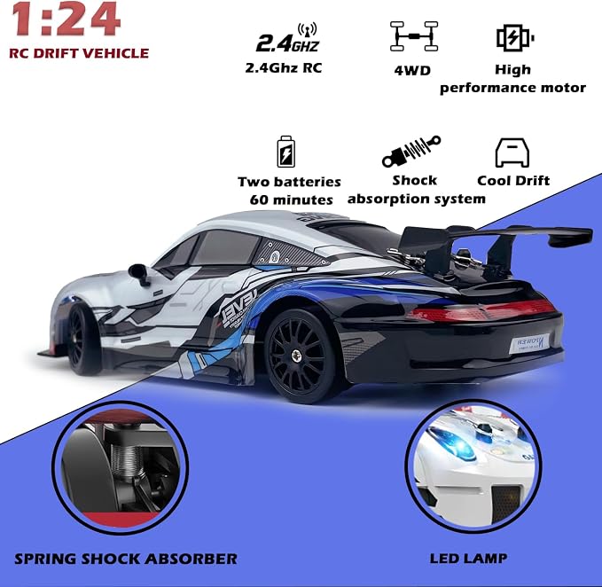 HTURCCOP RC Drift Car 2.4GHz 1:24 Scale 4WD High Speed Remote Control Cars Vehicle with LED Lights Two Batteries and Drifting Tires Racing Sport Toy Cars for Adults Boys Girls Kids