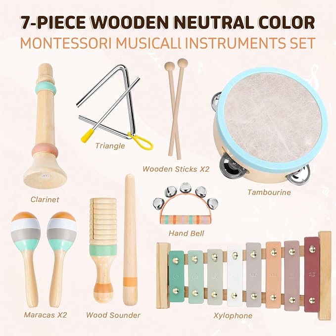LeeQee Montessori Toys for Boys and Girls - Wooden Toys Baby Musical Instruments, Neutral Colors Percussion Instruments Set with Modern Boho Xylophone for Toddlers 3+ Music Education