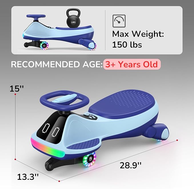 Umatoll 12V Electric Wiggle Car for Kids with Pedal, Display, Rechargeable Battery, LED Light, Bluetooth, Light-Up Wheels, Anti-Rollover, 2 Speeds, Ride on Toys, Birthday Gifts for Age 3+, 150Lbs