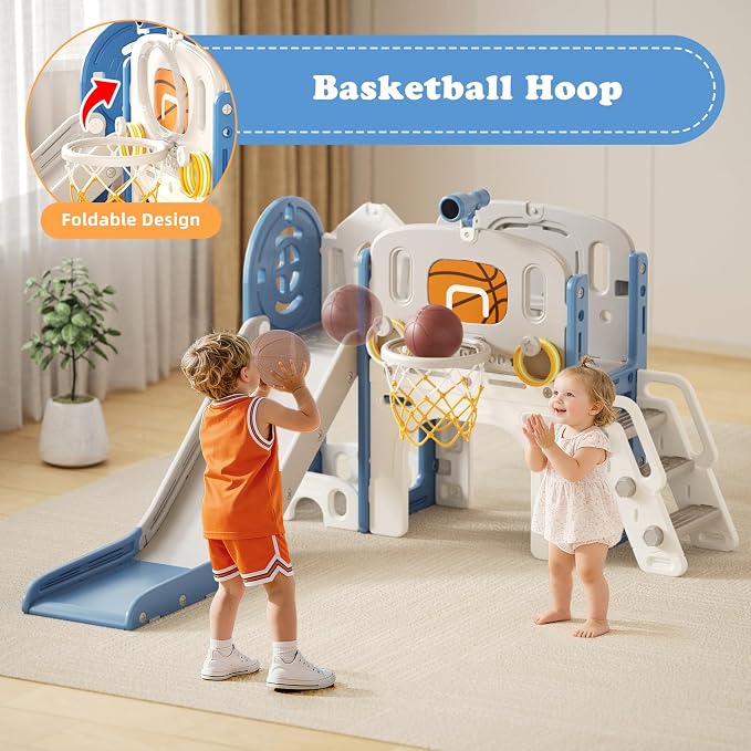 XJD 8 in 1 Toddler Slide Set, Kids Slide for Toddlers Age 1+, Climber Slide PlaySet with Basketball Hoop and Ball,Outdoor Indoor Playground for Toddlers 1-3 (Blue, Small)