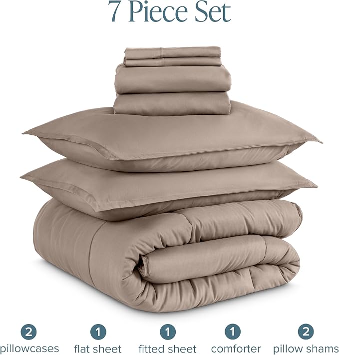 Bare Home Bed-in-A-Bag 7 Piece Comforter & Sheet Set - California King - Goose Down Alternative - Ultra-Soft 1800 Premium Bed Set (Cal King, Taupe/Taupe)
