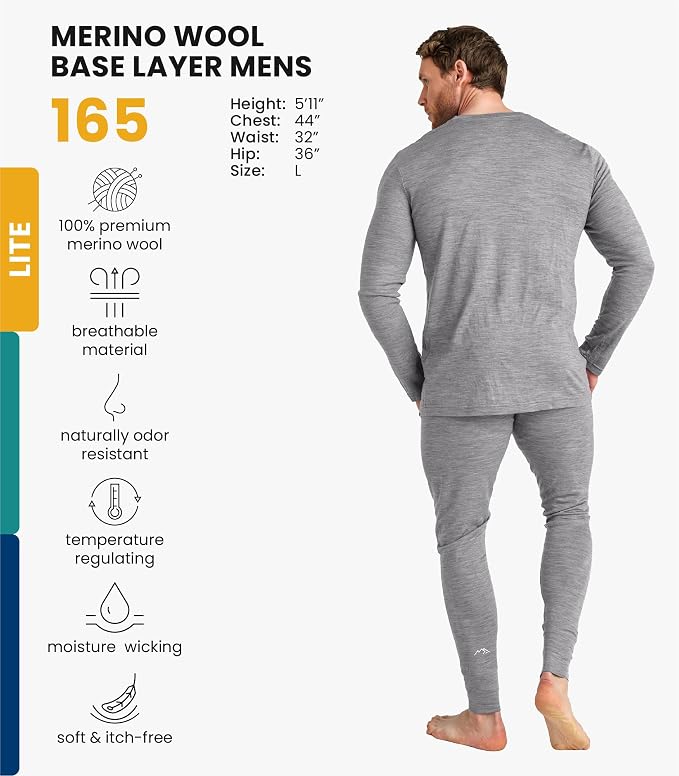 Merino.tech Merino Wool Base Layer Mens Set - Heavyweight, Midweight, Lite Merino Wool Thermal Underwear For Men Top, Bottom
