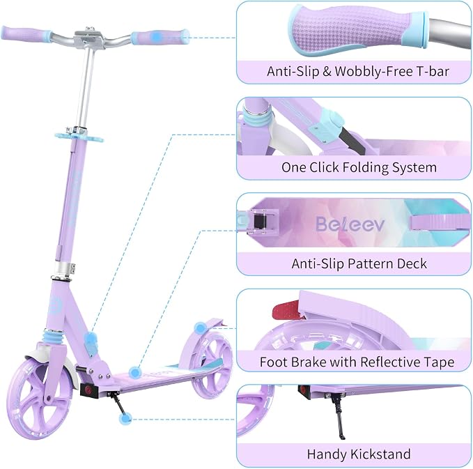 BELEEV V8 Scooters for Kids Ages 6+ with Light-Up Deck, 2 Wheel Folding Scooter for Kids, 4 Adjustable Height, Lightweight Sport Commuter Scooter, Sturdy Frame