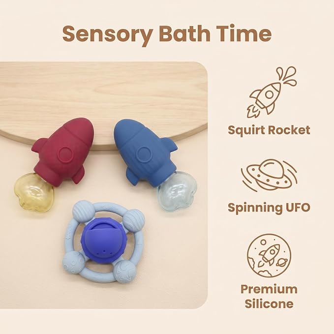 Bath Toys, 3 Pack Rocket & UFO Silicone Toy Set | Rocket squirt toy and spinning UFO bath toy. Soft silicone design for sensory water play, BPA-Free