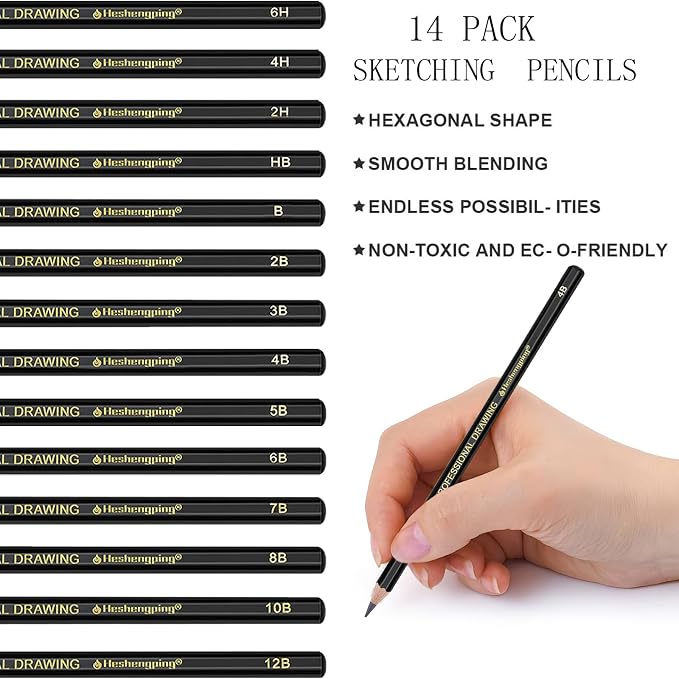 Heshengping Drawing Pencils Sketch Pencil Art Supplies Set for Adults beginners Professional Sketching Art Graphite Charcoal Blending Stump Pencils kit