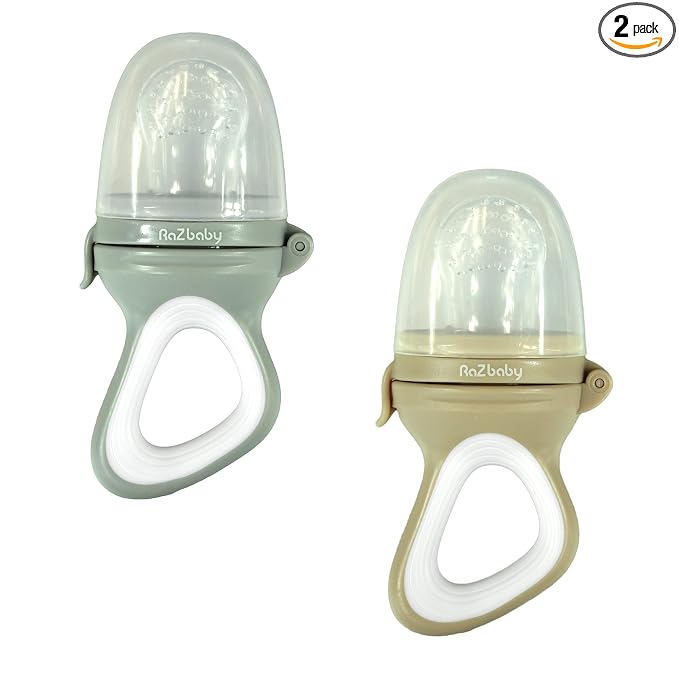 RaZbaby Baby Solids/Frozen Fruit Feeder Pacifier, Infant Teether Toy 6M+, BPA-Free, Safely Introduce Solids, Natural Teething Relief, Dishwasher Safe, Freezable – Grey & Tan 2-Pack
