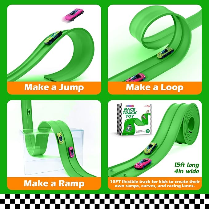 Flexible Race Car Track 15 Ft Starter Set with Suction Cups Compatible with and Diecast 1/64th Car for Ages 3 & Up Classic Green Double Track Long Rolls Up Portable Racetrack Birthday Gifts