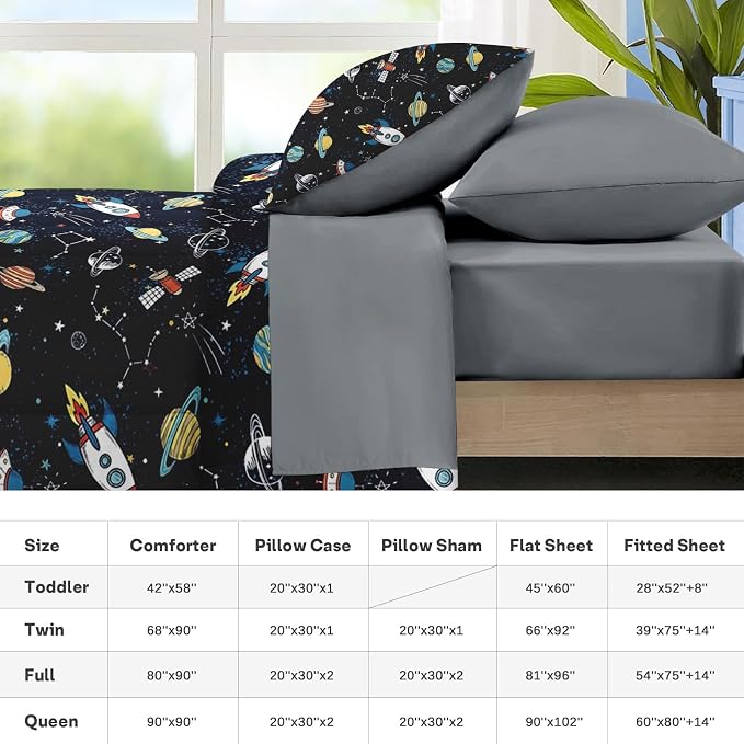 Nesker Comforter Set Queen Size, Space Moon Universe 7 Pcs Bedding for Kids Teens, Rockets Planets Starswith Fitted Sheet 2 Pillowcases & 2 Shams for Bedroom Bed Decor