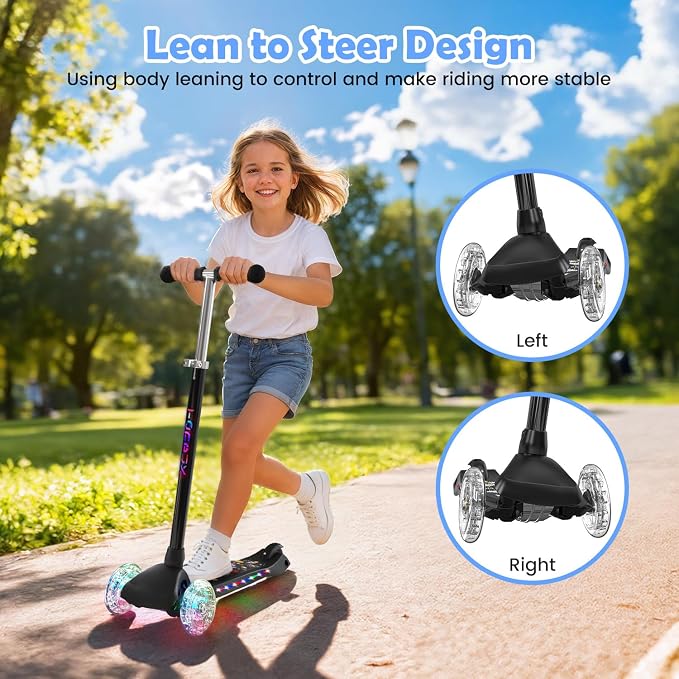 TONBUX Kids Scooter for Ages 3-8: 3-Wheel Kick Scooter with LED Light-Up Wheels & Deck, 7 Lighting Modes, 4 Adjustable Heights, Metal-Reinforced Deck, Lean-to-Steer Balance Training Toddler Scooter
