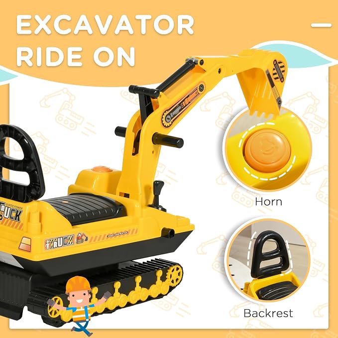 HOMCOM Qaba No Power Ride On Excavator Toy Tractors Digger Movable Scooter Walker Pretend Play Toddler Construction Truck Basket Storage for Boys Girls 18-48 Months Yellow Black