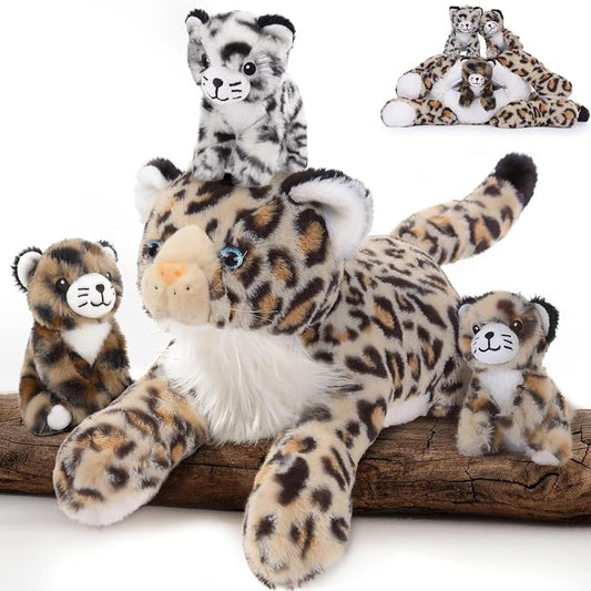 MorisMos Cheetah Stuffed Animal with Babies for Girl Kid,18'' Large Mommy Cheetah with Cub Plushies,Mama and Baby Leopard Stuffed Animal Plush Toys,Realistic Leopard Toy Gifts for Birthday Party Decor