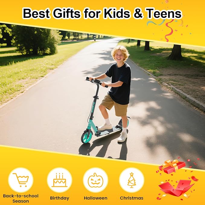 SIMATE Kick Scooter for Kids Teens & Adults, 4 Adjustable Heights, 8IN All Terrain Big Wheels, Dual Brakes & Dual Suspension, Foldable and Lightweight, Gifts for Girls Boys