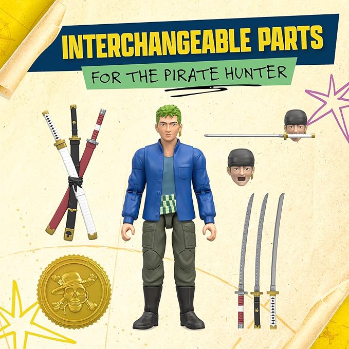 One Piece Zoro 6" (15.24cm) Action Figure with 5 Accessories. Includes Swappable Swords, Sword Holder, Swappable Face, and Berry Coin Display Base