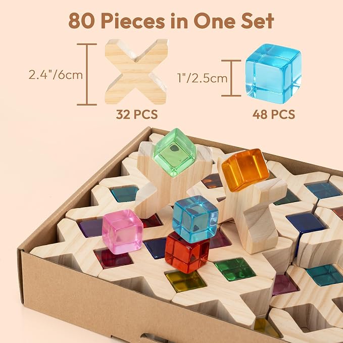 Woodtoe Wooden Building Blocks for Kids, 48 PCS Rainbow Acrylic Gem Cubes Blocks - 32 Wooden Blocks, Montessori Stacking Toy for Toddlers, Educational STEM Learning Sensory Toy Gifts for Boy Girl 3-6