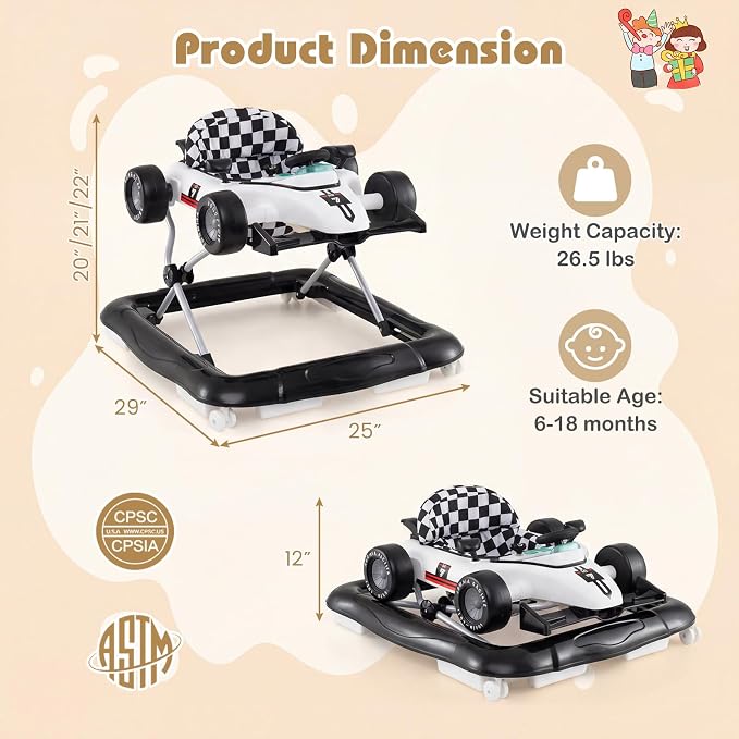 BABY JOY 4-in-1 Baby Walker, Foldable Activity Walker with Push Mode, Adjustable Height, Lights, Anti-Rollover, Baby Walker with Wheels for Boys Girls 6-18 Months (White)
