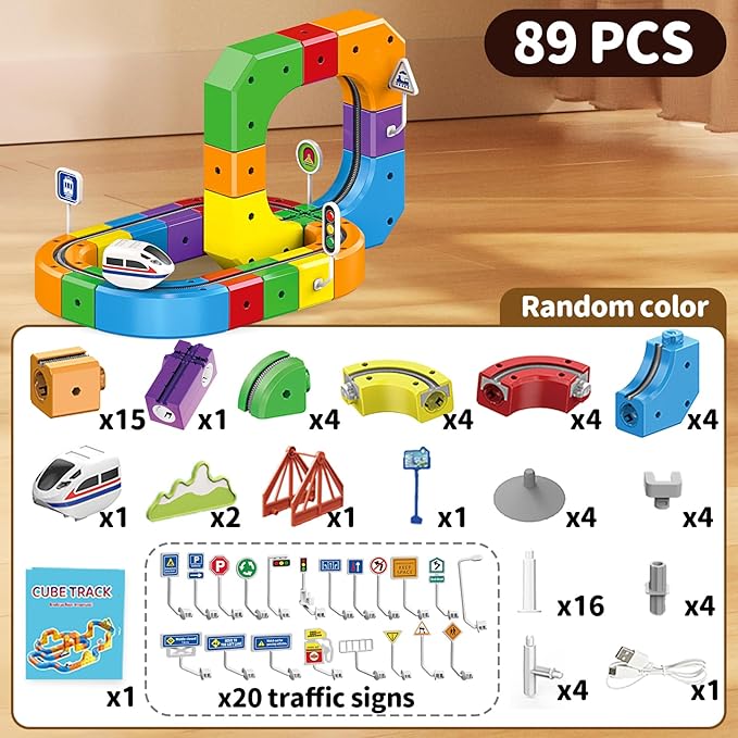 Electric Train Set Flexible Race Track Toys for 3 4 5 6 7 8 Years Old Boys and Girls, Building Toy Train Track Gravity-Defying 3D Embedded Layouts & Motorized Car, STEM Gift(Starter Set(89 Piece))