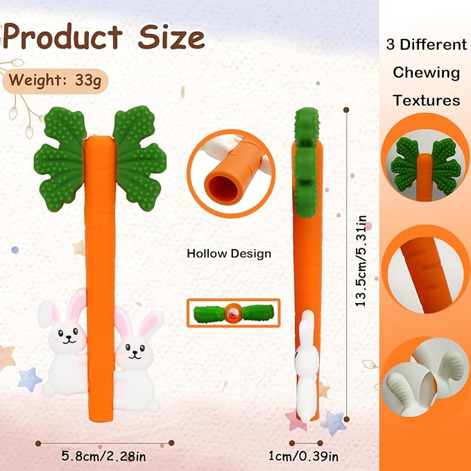 Baby Teething Toys Silicone Carrot Rabbit Hollow Teething Tubes -Sensory Chew Toys Over 3 Months - Teether Straws for Teething Relief -BPA Free Infant Toys Baby Shower Gifts Baby Essentials (1)