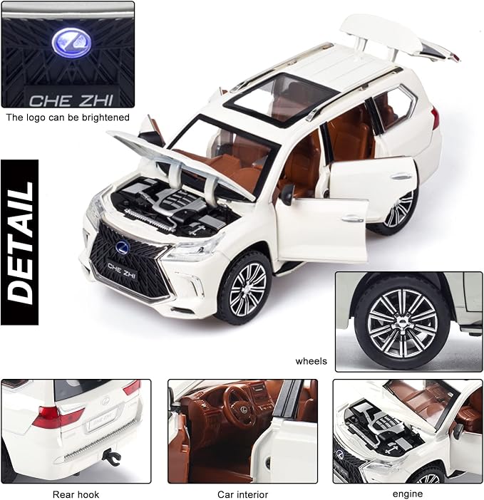 Diecast car Model 1/24 Scale - Zinc Alloy Pull Back Toy car with Sound and Light, Collectible Toys Vehicle for Adults and Boys Girls (White)