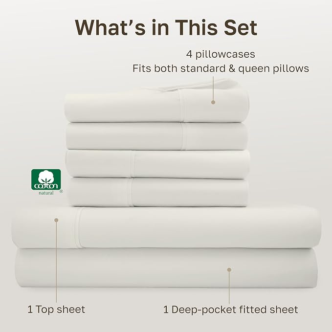 California Design Den 6-Pc Queen Size Sheet Set with 4 Pillowcases - 400 Thread Count 100% Cotton Sheets, Sateen Weave, Deep Pocket Bedsheets Set - Ivory (Pale Tone)
