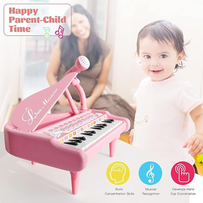 Love&Mini Piano Keyboard Toys for Girls - 24 Keys Toddler Piano Music Toy Instruments with Microphone，Pink Piano Toys for 3+ Years Old Girls Birthday Xmas Gifts (24 Keys Pink Piano Toy)