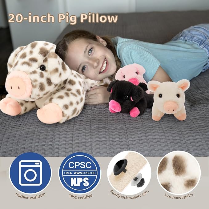 MorisMos Spotted Pig Stuffed Animal Set,20'' Large Mama and 3 Baby Piglet Stuffed Animals for Girl Boy,4 Pack Plush Pig Toys Gifts for Kid,Piglet Lover, Cute Piggy Decor for Birthday Party Christmas