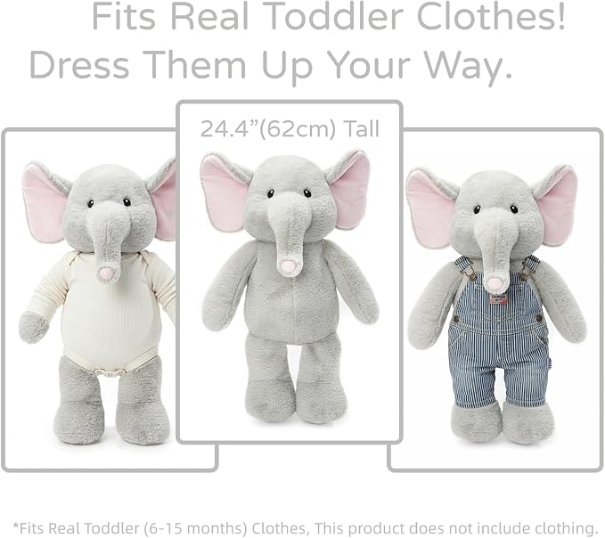WEIGEDU Dressable Stuffed Animal Fits 3-6M Toddler Clothes, 24.4" Large Plush Toy with Long Limbs for Pretend Play, Soft Huggable Companion - Elephant