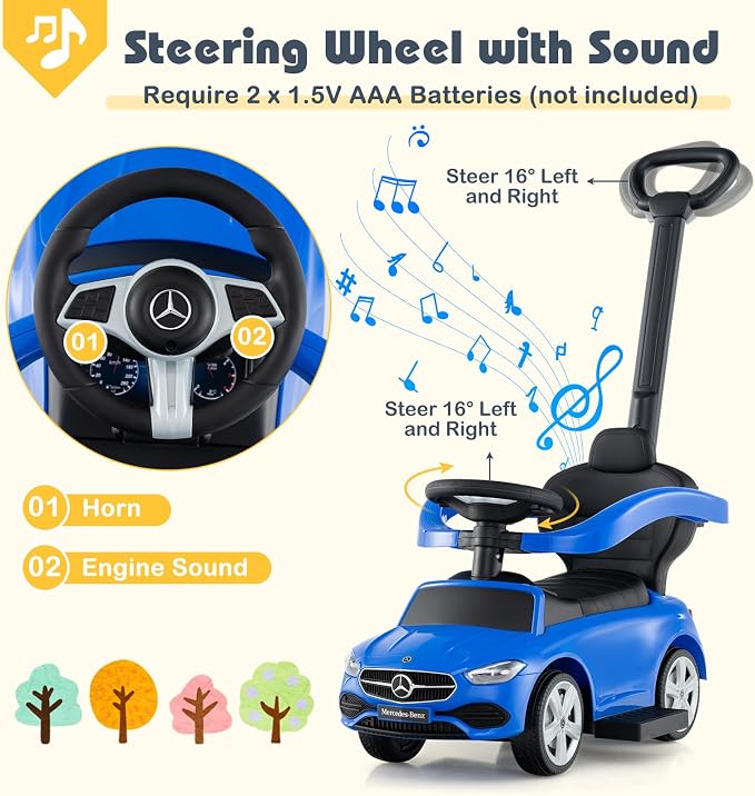 Costzon Push Car for Toddlers, 3 in 1 Mercedes Benz Stroller Sliding Walking Car w/Canopy, Handle, Safety Bar, Horn Sound, Underneath Storage, Foot-to-Floor Ride On Toy for Boys & Girls (Blue)
