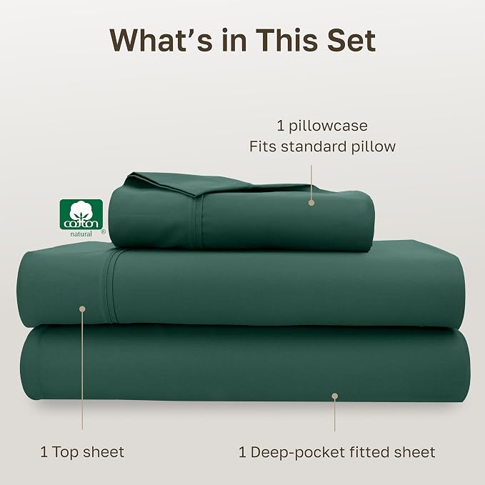 California Design Den Soft 100% Cotton Sheets Twin Size Set, 400 Thread Count Good Housekeeping Award Winner, Silky Sateen Weave, Long Staple Cotton Bed Sheet Set - Hunter Green