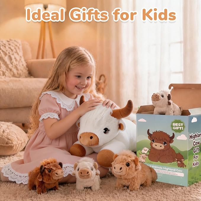 gnomantic Highland Cow Stuffed Animals with Babies, Mommy Toy for Kids | 5-Piece set: 1 mommy highland cow + 4 surprise babies inside. Unzip belly to reveal babies. Ultra-soft, safe for ages 3-8.