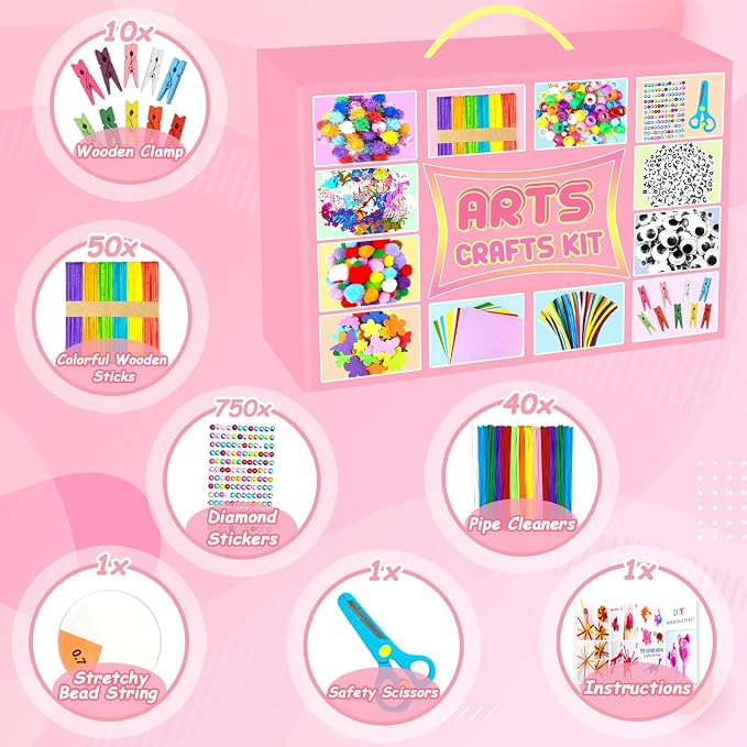 BNUZEIYI 2000 PCS Arts and Crafts Supplies for Kids All-in-1 Craft Kit with Pipe Cleaners Craft Box Set DIY Crafting Supply School Supplies Toys Gifts for Girls Boys Ages 4-6, 6-8, 8-12, Pink