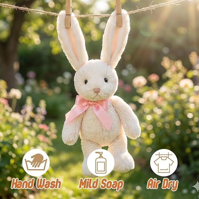 Cream Rabbit Plush Toy Pink Ribbon Bow Floppy Ears Stuffed Animal Easter Basket Stuffers Gifts for Baby Shower Newborn Infant Valentines Day Girlfriend Wife Wedding Love Beige 8 Inch 6.7 oz