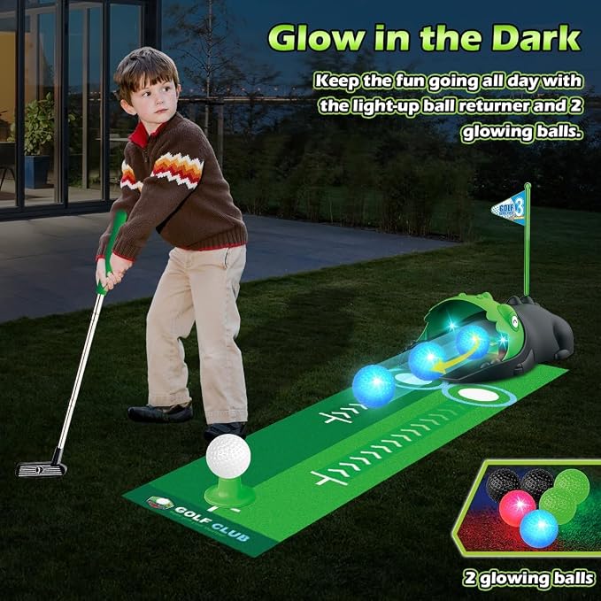 TERRAMUS Upgraded Kids Toy Golf Set with Dinosaur Automatic Golf Returner, Led Light Up Night Golf Balls, 3 Clubs, Putting Mat, 3-8 Toddler Mini Golf Games, Indoor Outdoor Sports Toys for Boys Girls