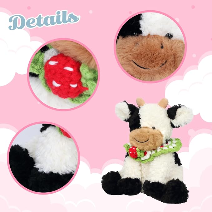 Hopearl Adorable Plush Cow Toy with Knitted Cute Strawberry Bib Floppy Dairy Cattle Soft Kawaii Stuffed Animal Gift for Boys Girls Kids Toddlers, 9''