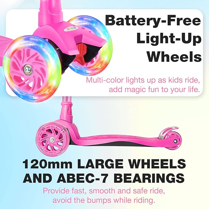 BELEEV Scooters for Kids 3 Wheel Kick Scooter for Toddlers Girls Boys, 4 Adjustable Height, Lean to Steer, Light up Wheels, Extra-Wide Deck, Easy to Assemble for Children Ages 3-12