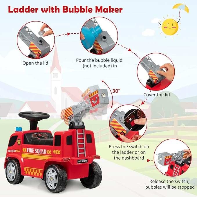 Costzon Kids Ride On Fire Truck, Ride On Push Car with Ladder Bubble Maker, Headlights, Siren Sounds & Music, Foot-to-Floor Sliding Car for Toddlers, Gift for Boys Girls Aged 18-36 Months
