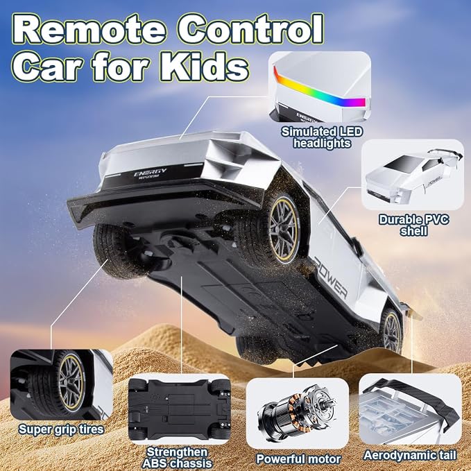 Remote Control Car，All Terrain 2.4GHz RC Truck for 3-12 Year Old Boys, Electric Vehicle RC Car with LED Lights for Kids, Birthday Gifts for Kids (Silver)