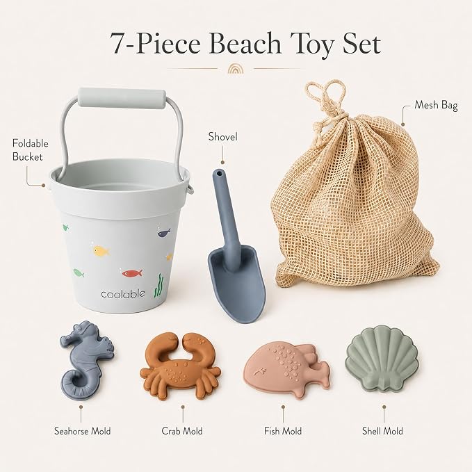 6-Piece Silicone Beach Toys Set for Kids - Foldable Sand Bucket, Shovel, 4 Sand Molds and Mesh Bag - Sea Creatures