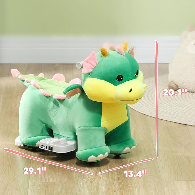 Qaba 6V Kids Ride on Horse, Battery Powered Ride on Toy, Triceratops Shaped Electric Riding Animal with Music, Soft Touch, PU Wheels, Foot Pedal, Forward, for Girls Boys Aged 18-36 Months, Green