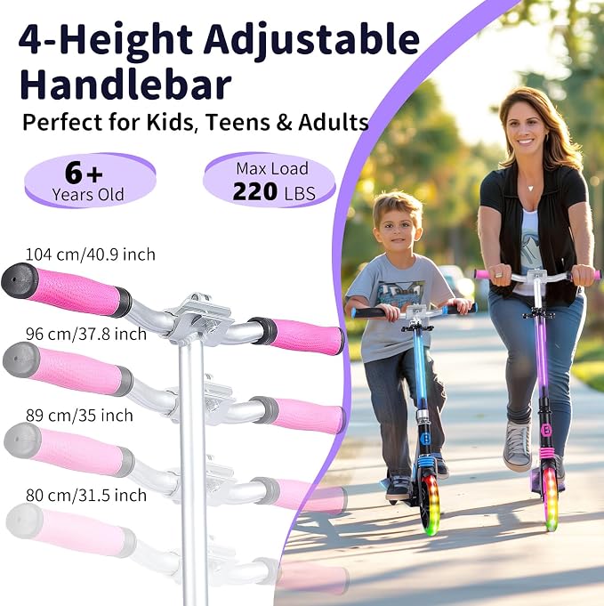 BELEEV V8 Scooters for Kids Ages 6+ with Light-Up Deck, 2 Wheel Folding Scooter for Kids, 4 Adjustable Height, Lightweight Sport Commuter Scooter, Sturdy Frame