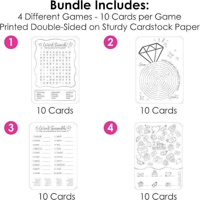 Big Dot of Happiness Wedding Kids Table Coloring Activity Cards, Wedding-Themed Games for Children, Double-Sided Gamerific Bundle - 40 Count