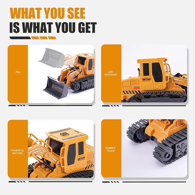 Jiakora Remote Control Front Loader - Metal Shovel, LED Working Lights, Music & 2 Rechargeable Batteries, Construction Toys for Boys Age 4 5 6 7 8 Birthday Gift