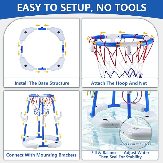 Pool Basketball Hoop with 4 Balls & 12 Rings, 2-in-1 Floating Pool Toys for Kids Adults, Water Game for Indoor Outdoor Swimming Backyard Party, Portable Summer Gifts for Boys Girls Ages 8-12, Blue