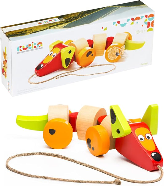 Cubika Wooden Walk Along Sausage Dog – Pull Toy for Toddlers Ages 1-3 – Montessori Inspired, FSC-Certified Wood, German Water-Based Paint – Travel Wooden Toys for Boys and Girls