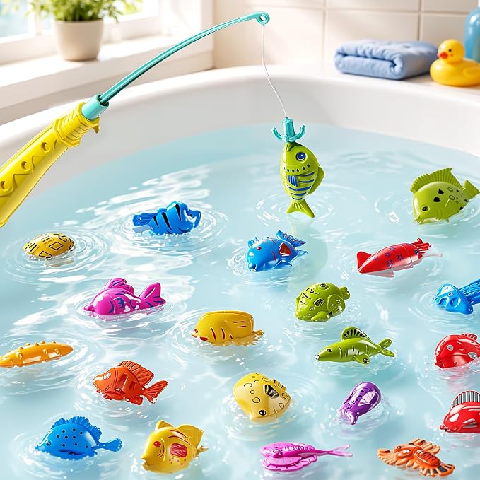 TEMI Fishing Toy Game for Kids 3 4 5 6 7 8 Years Old, 51 Fish Bath Playset for Toddlers, Toy Magnetic Rod and Fishing Net, Outdoor Water Toys for Kids Age 3-5, Party for Boy and Girl