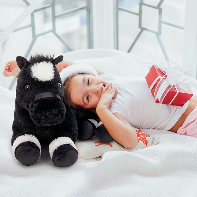 Tezituor 4-in-1 Horse Stuffed Animal Set, 18" Mommy Horse Plush with 3 Baby Pony Plushies Inside, Realistic Black Horse Plush Pillow, Soft Stuffed Pony Farm Gift for Girls Boys Kids
