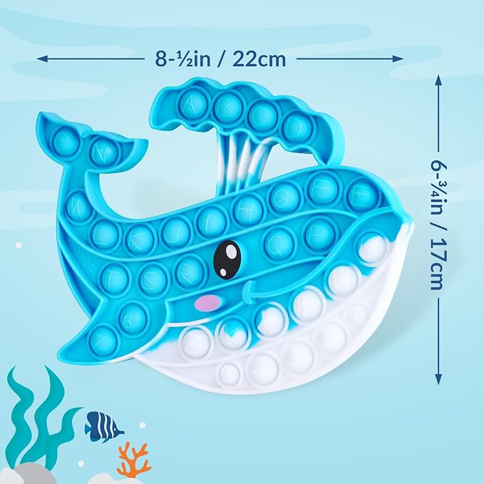 Whale Pop Fidget Toy for Kids and Adults, Large Silicone Sensory Bubble Toy for Stress Relief and Focus, Calming Tie-Dye Blue Push Popper for ADHD Autism Anxiety, Reusable and Washable Press Toy