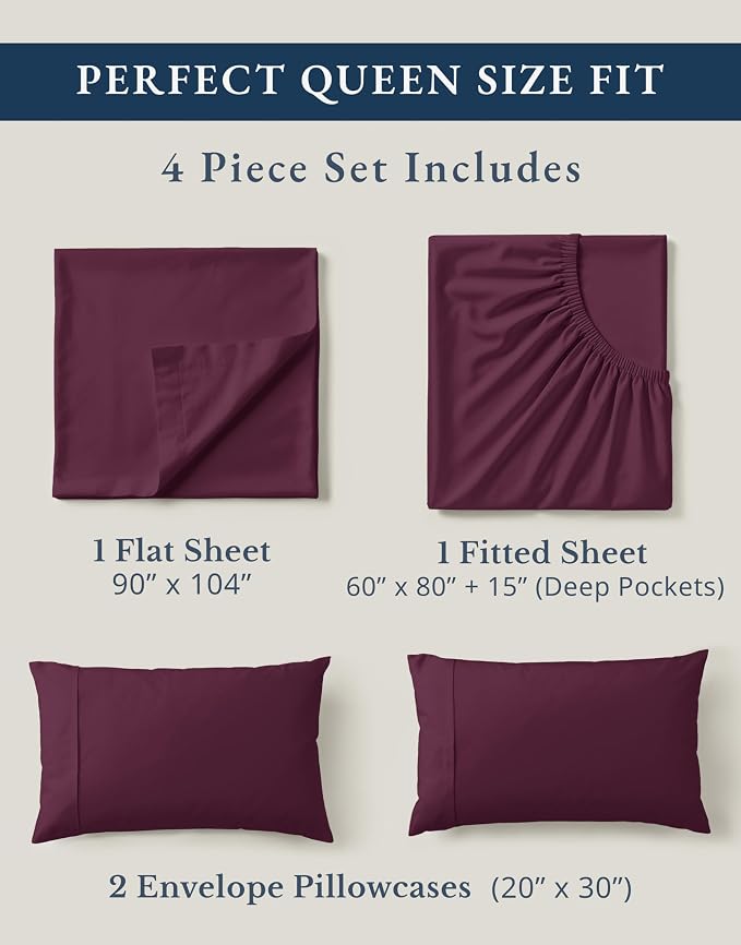LANE LINEN Queen Size Bed Sheets 100% Organic Cotton 4pc - Windsor Wine | Queen Sheets In 100% Organic Cotton Percale - All-Season Comfort, For Master Bedrooms, Naturally Cooling & Lightweight